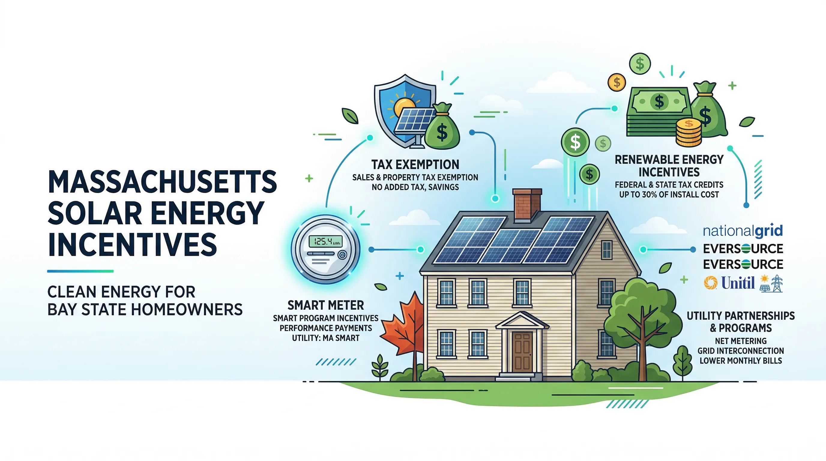 Solar panels on a Massachusetts colonial-style home with clear blue sky