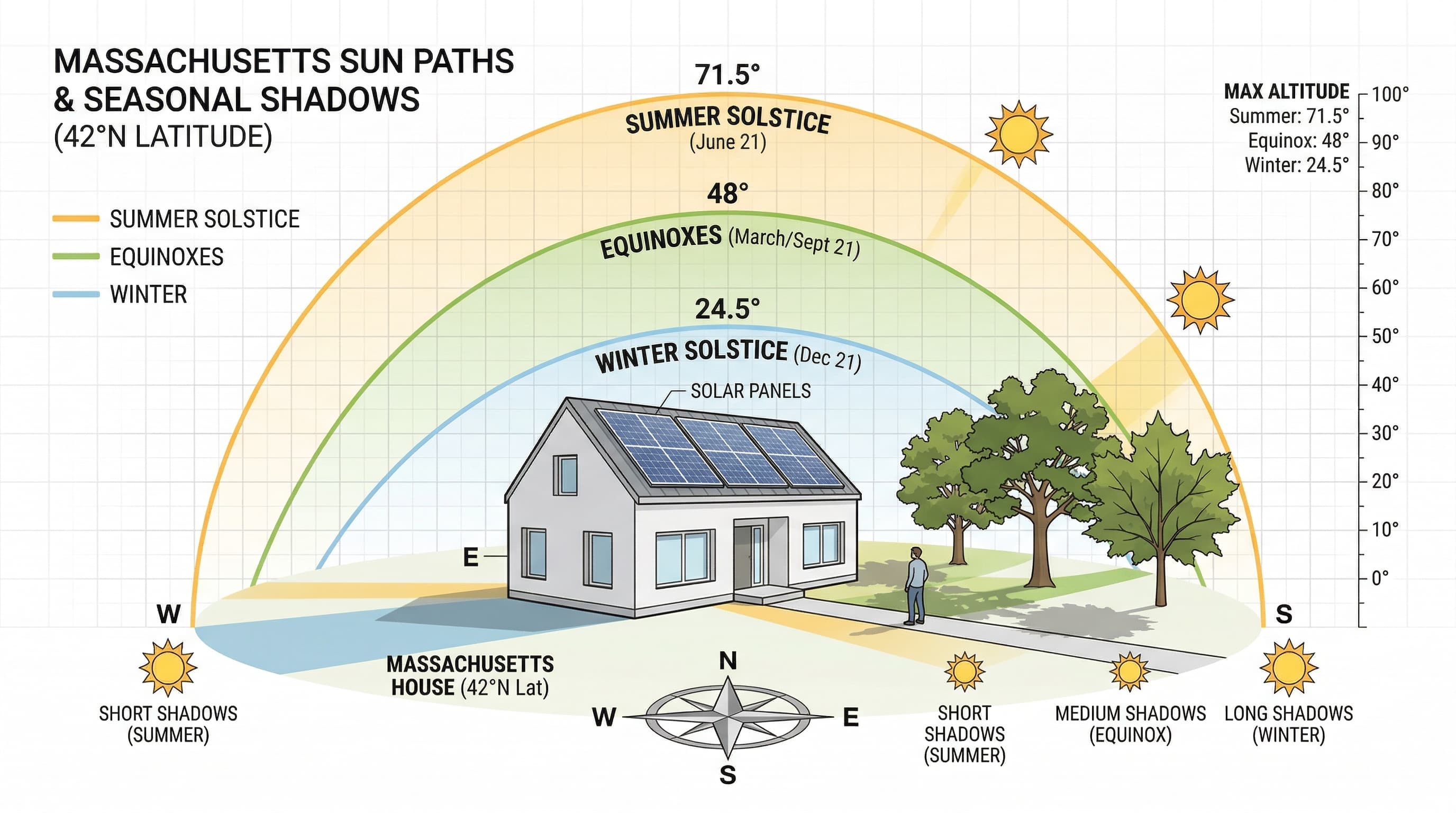 Sun path diagram showing seasonal angle changes at 42 degrees north latitude in Massachusetts