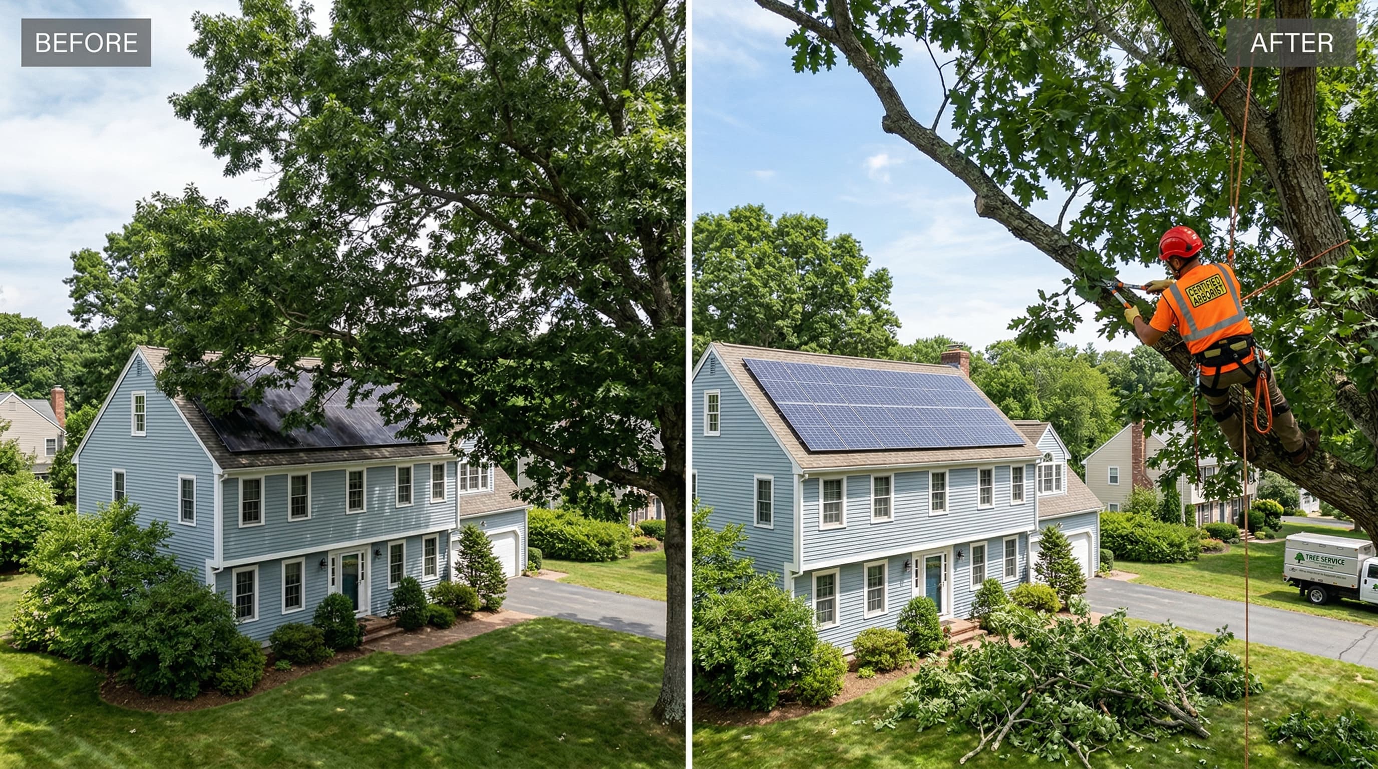 Professional arborist trimming tree branches near a Massachusetts home with solar panels