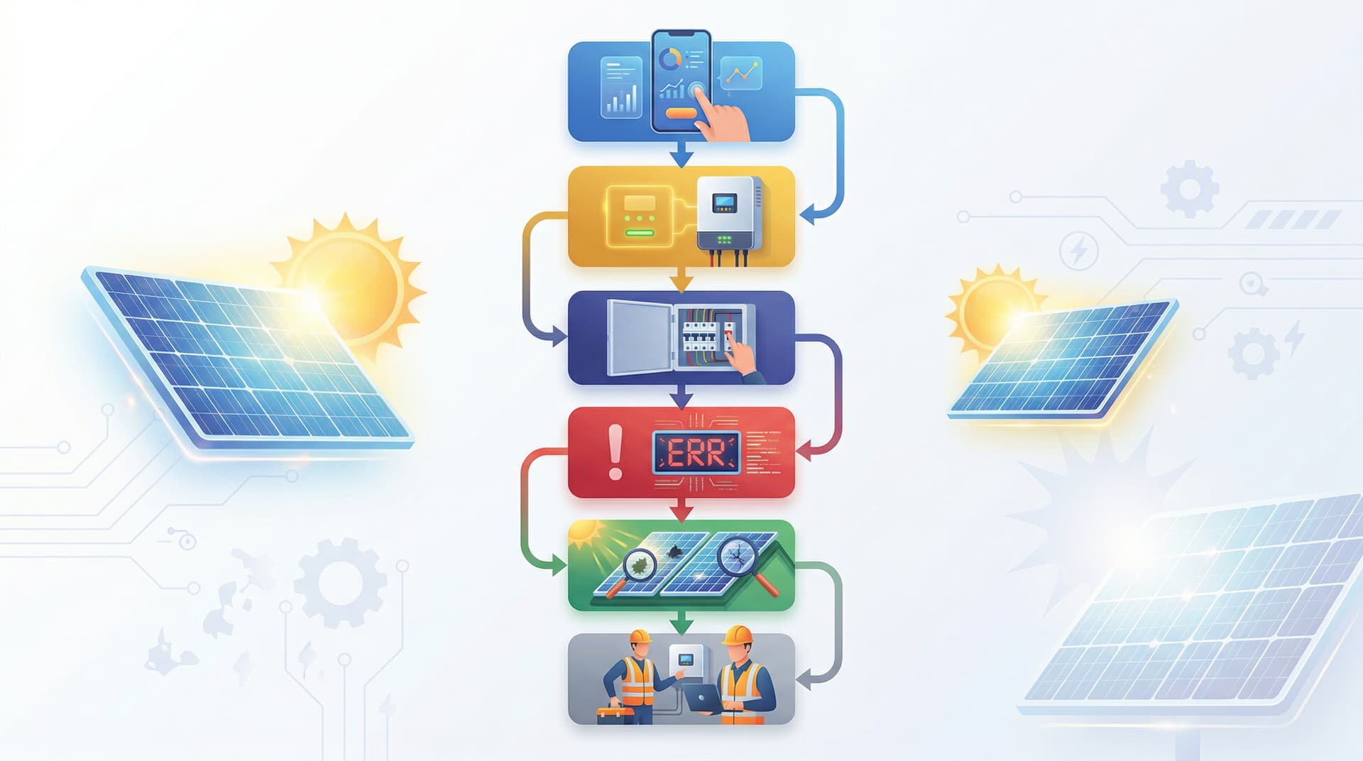 Solar troubleshooting flowchart showing diagnostic steps from monitoring app to installer call