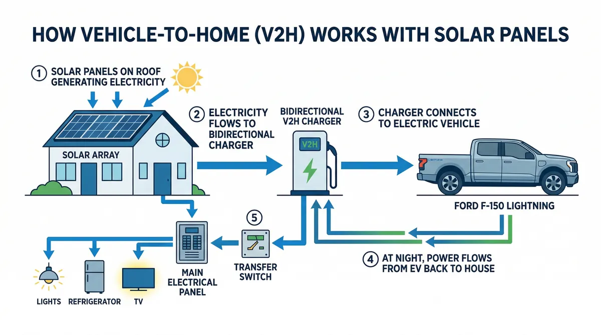 Diagram showing how V2H works: solar charges EV, EV powers home through bidirectional charger