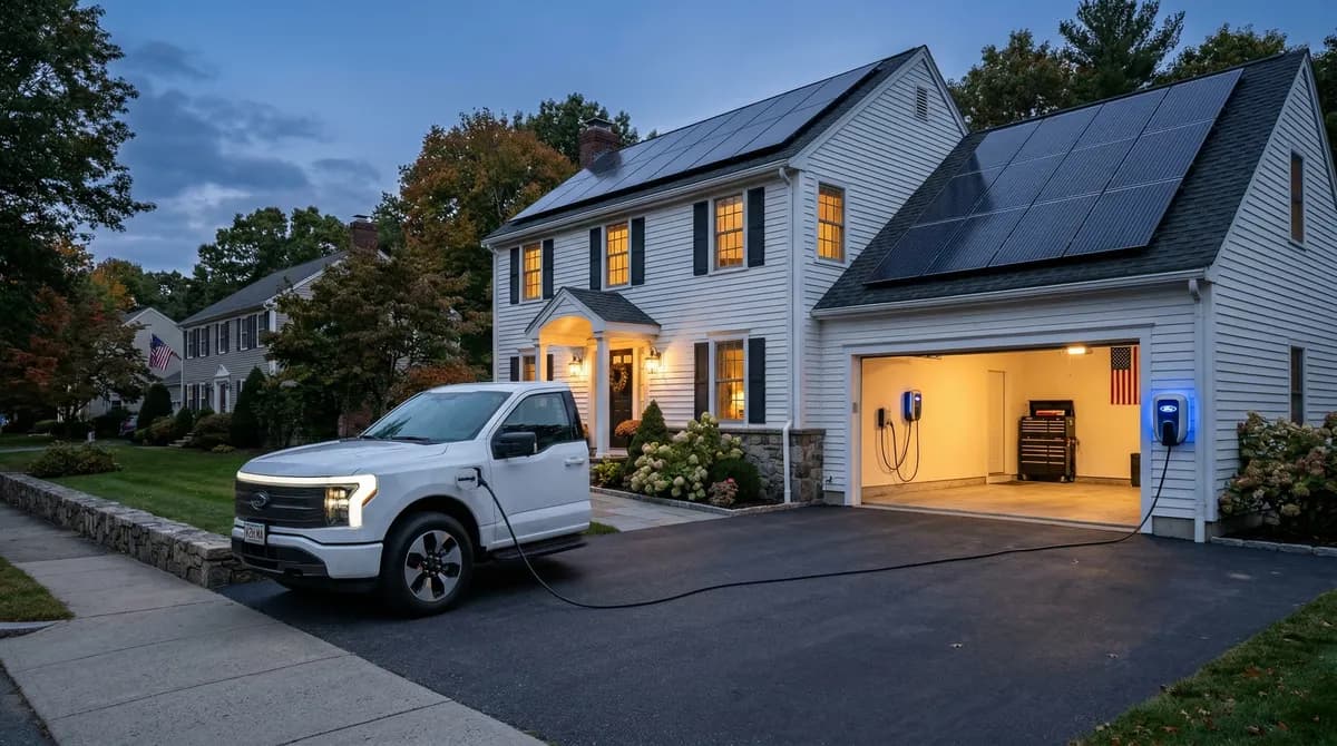 Electric vehicle connected to Massachusetts home via bidirectional charger with solar panels on the roof