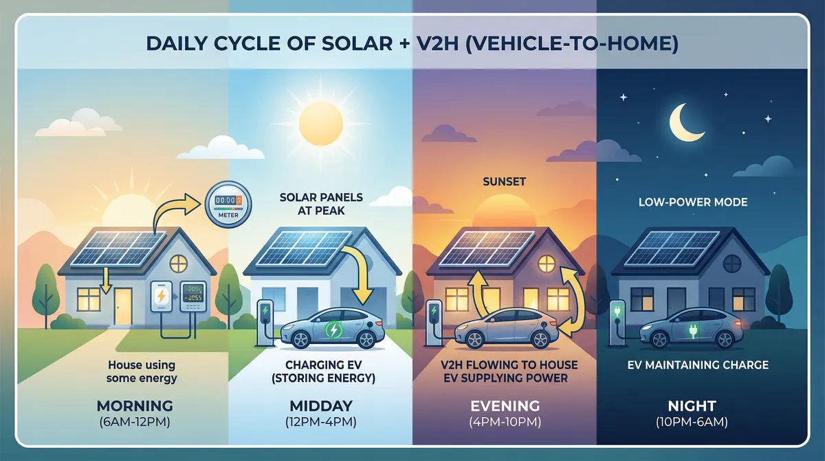 Infographic showing solar charging EV by day and EV powering home at night in Massachusetts