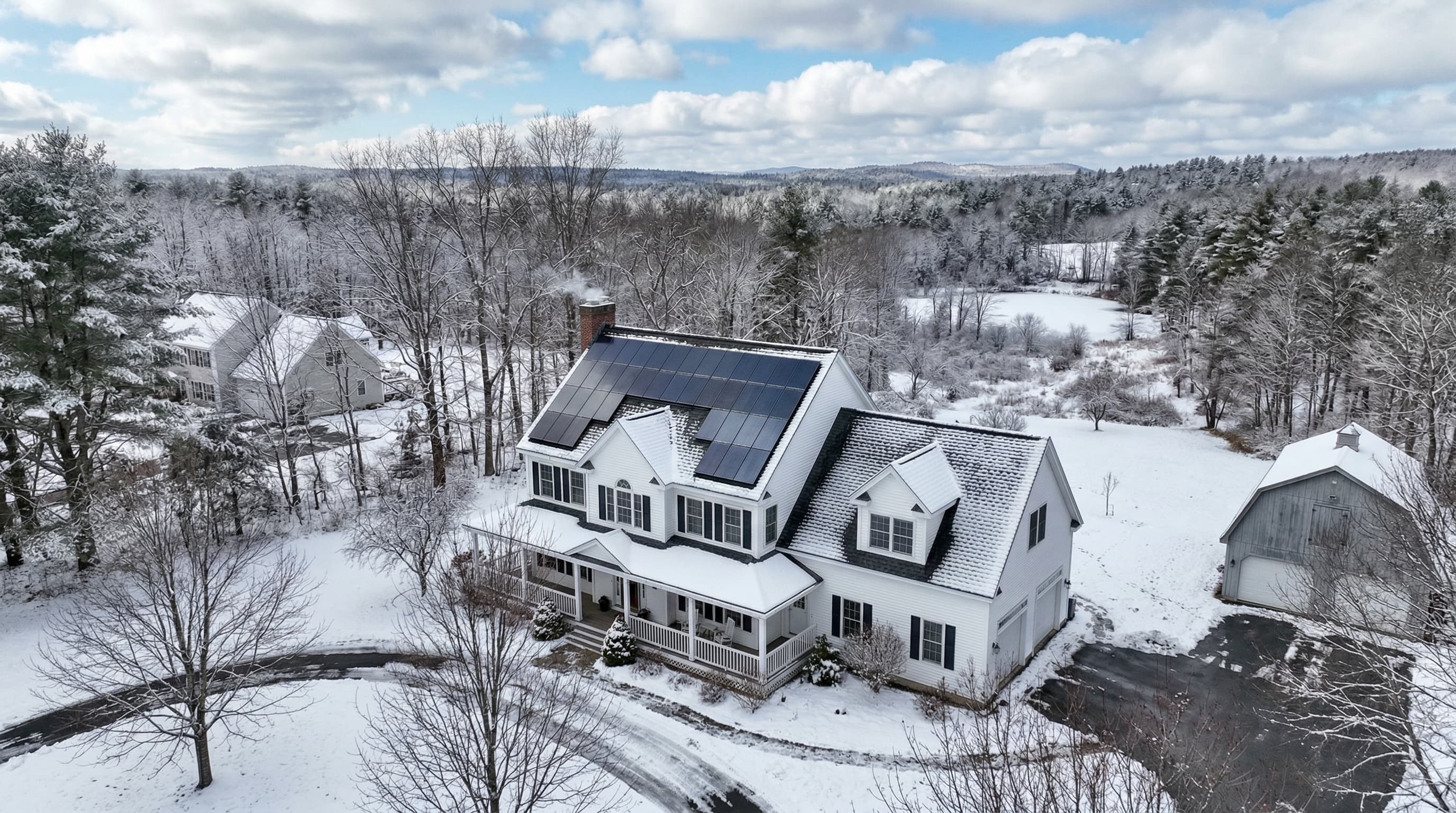 Solar panels on a Massachusetts colonial home in winter with partly cloudy sky