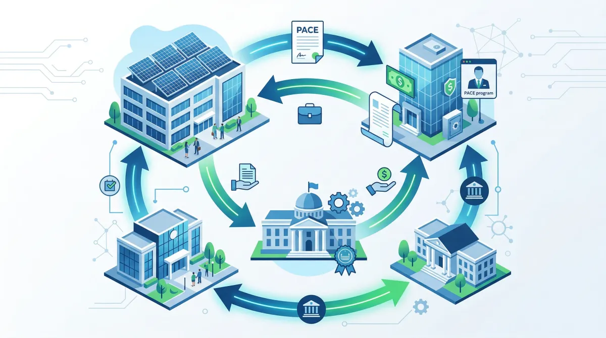 Diagram showing how C-PACE financing works: property owner, capital provider, municipality, and MassDevelopment