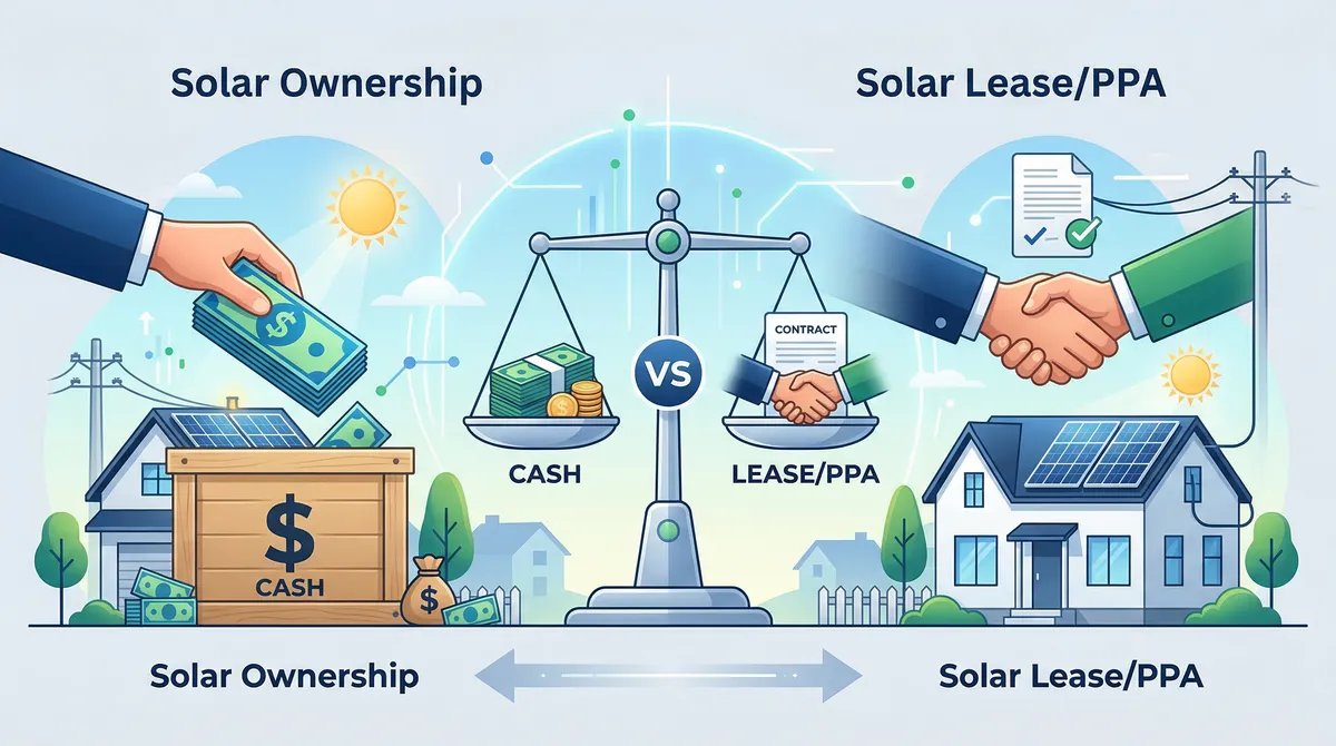 Solar financing comparison showing cash, loan, lease, and PPA options for Massachusetts homeowners