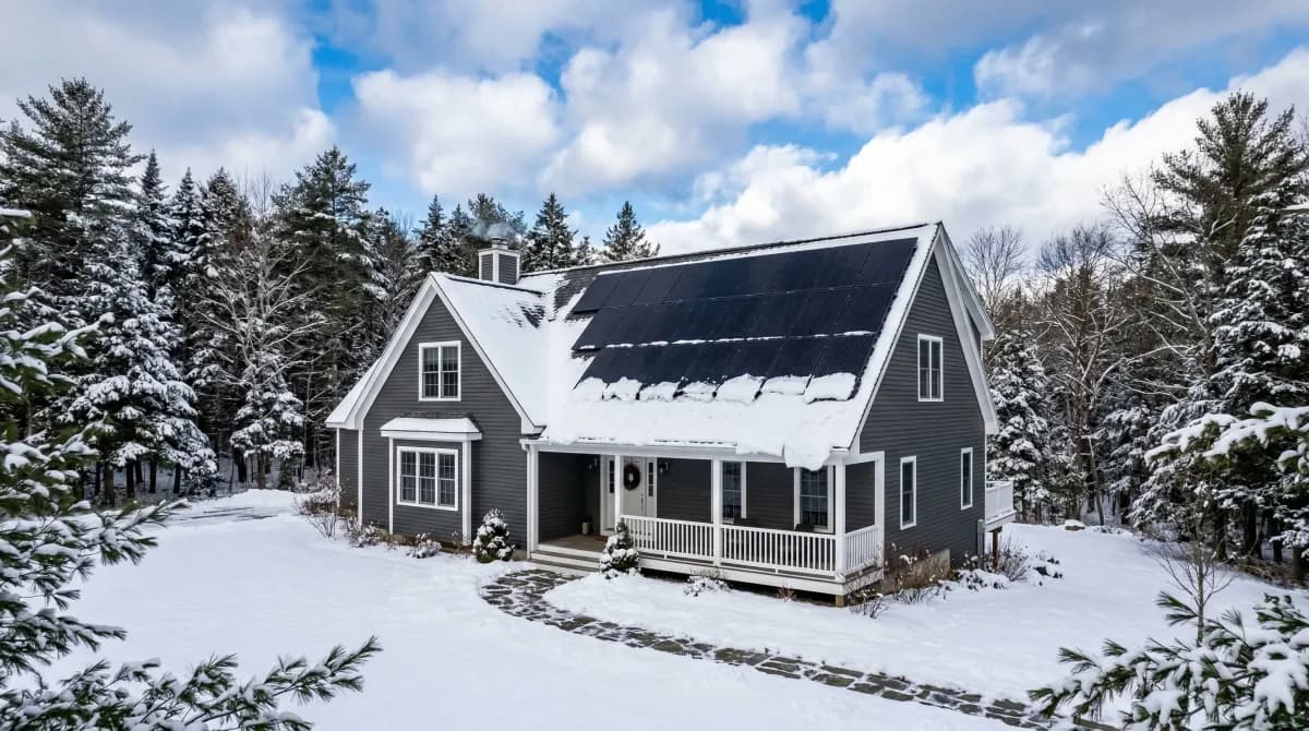 Five premium solar panels arranged for comparison on a snowy Maine rooftop with pine trees