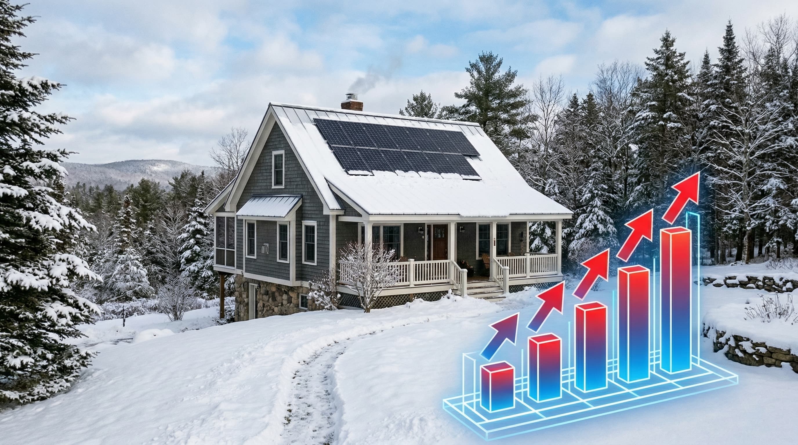 Maine home with solar panels and rising CMP electricity rate chart showing 30%+ increase since 2024