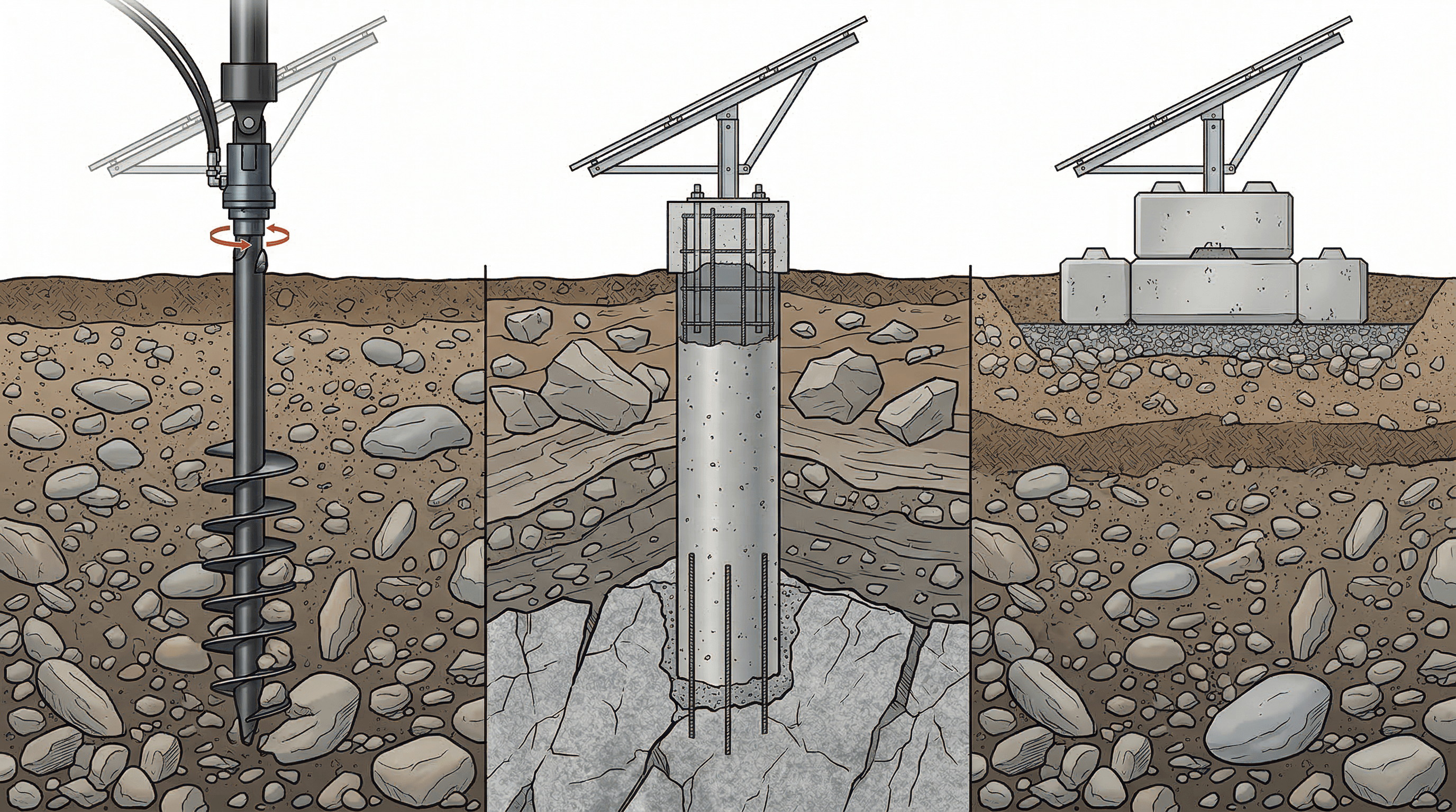 Three ground-mount solar foundation types: helical piles, concrete piers, and ballasted systems for Maine rocky terrain