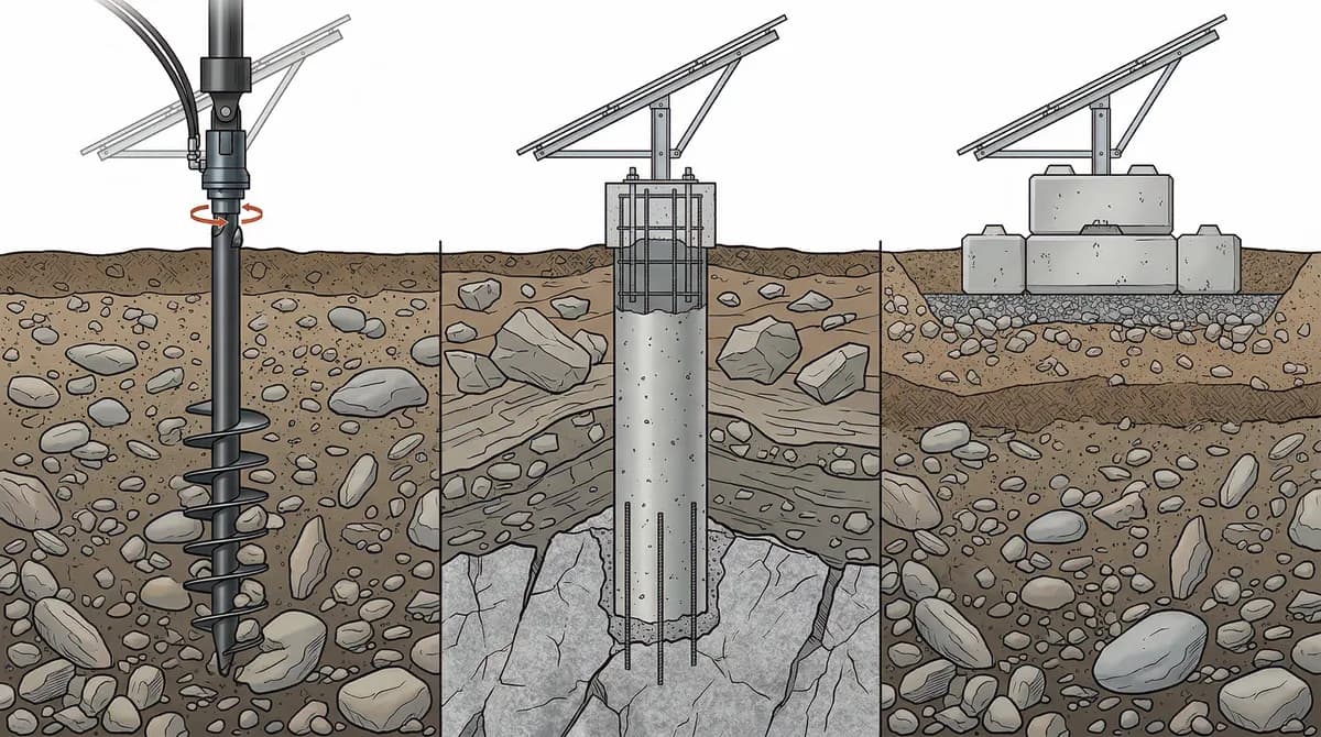 Three ground-mount solar foundation types: helical piles, concrete piers, and ballasted systems for Maine rocky terrain