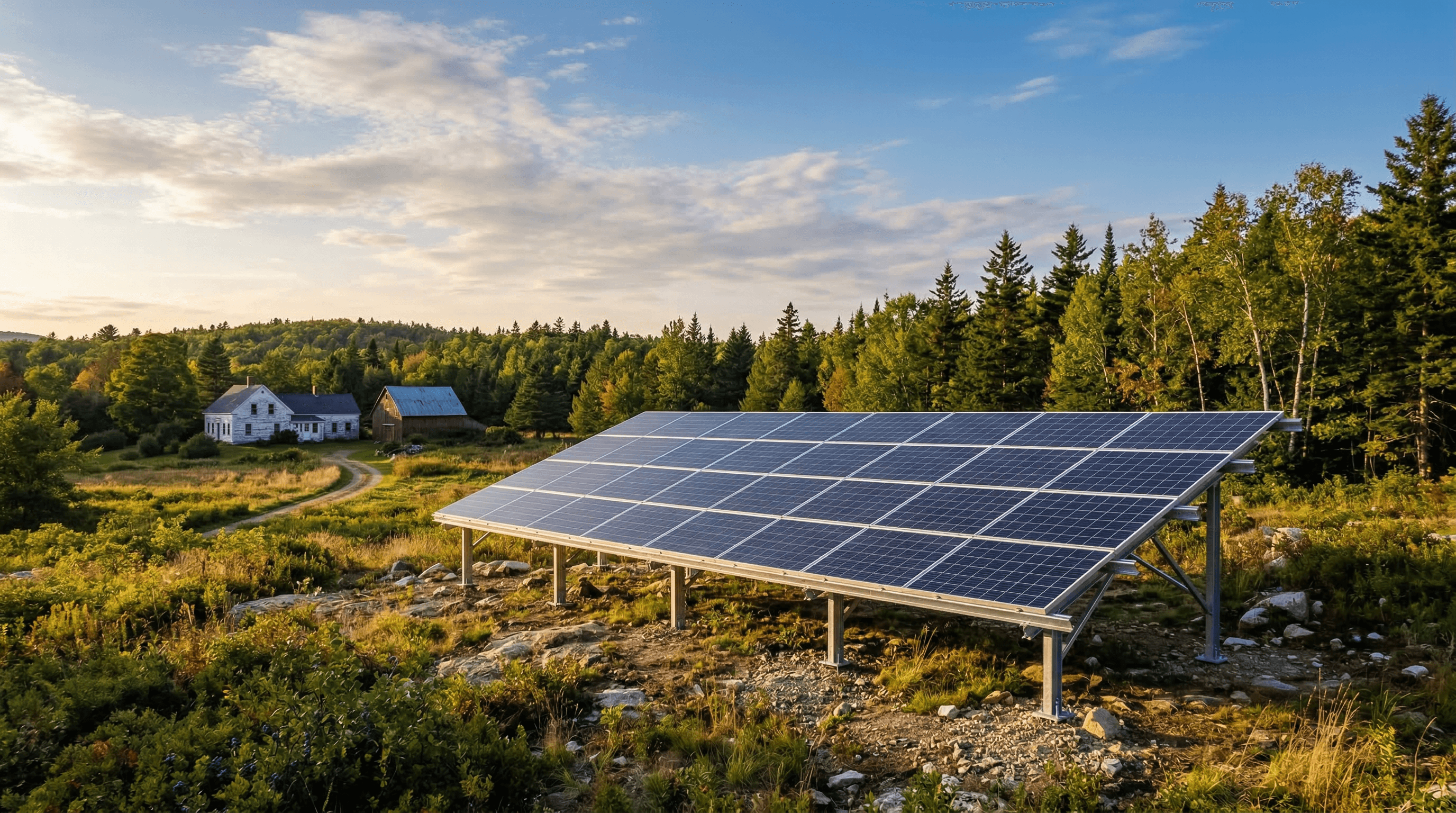 Ground-mounted solar panel array on a rural Maine property with dense forest in the background