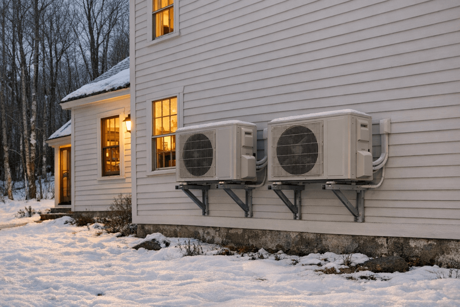 Heat pump units installed on a Maine home in winter