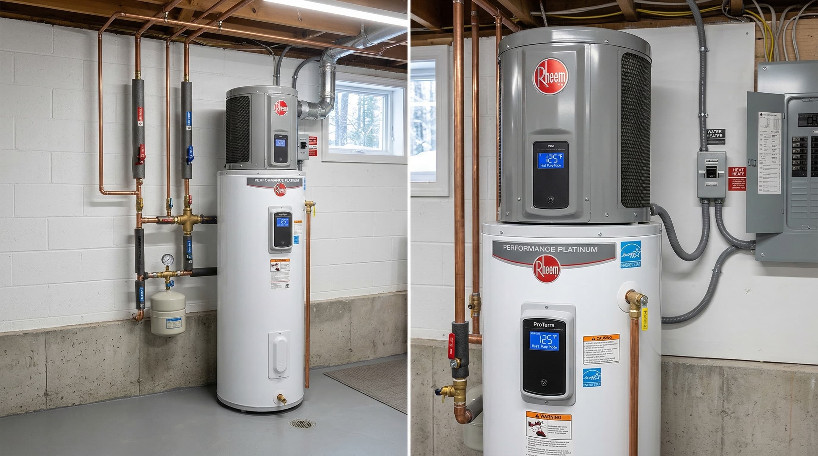 Heat pump water heater in a clean Maine basement utility room