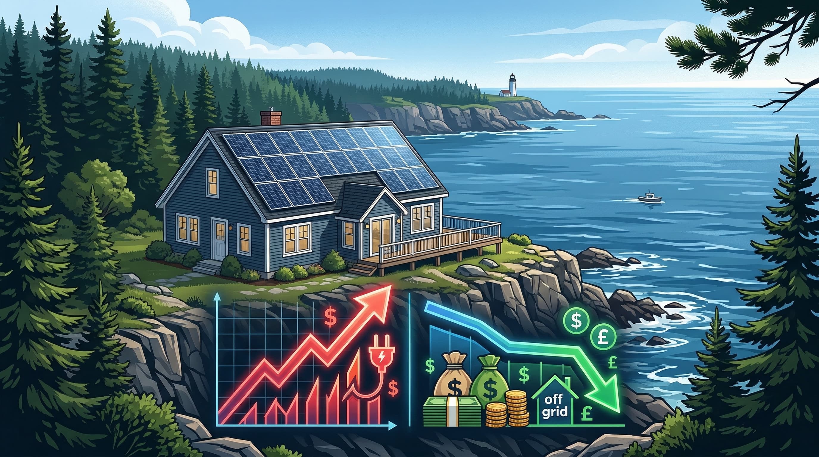 Maine solar incentive stack visualization with coastal home and CMP rate chart
