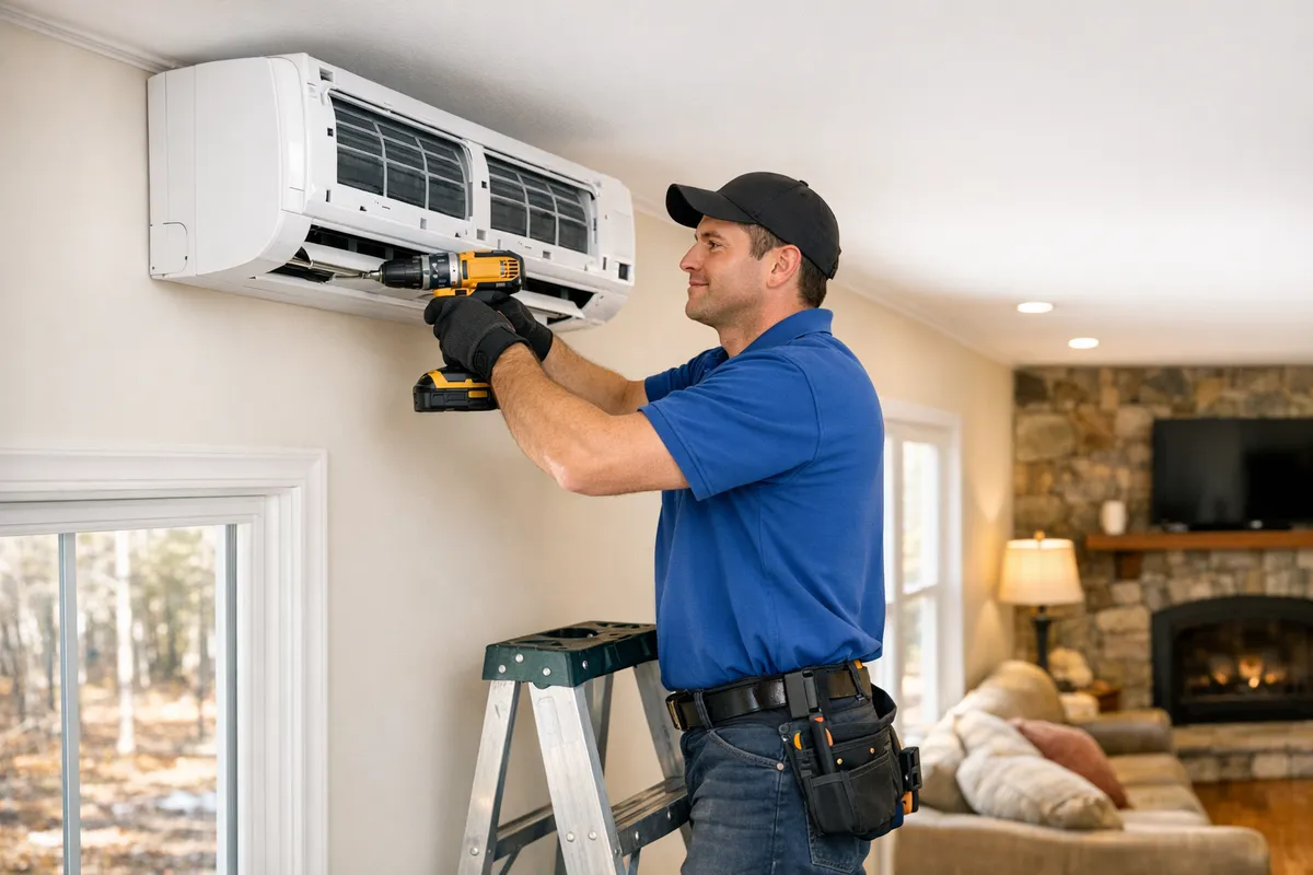 HVAC technician installing mini-split heat pump in Maine home
