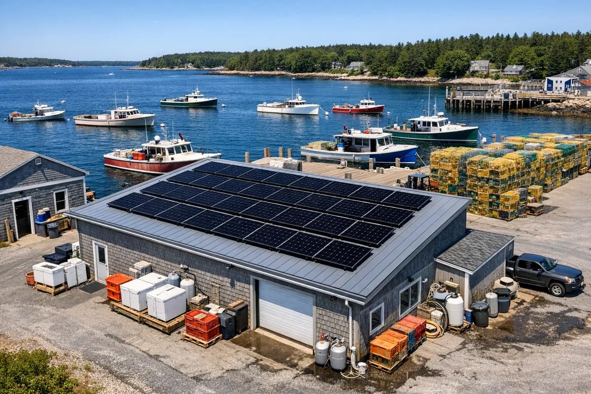 Small commercial building with solar panels in coastal Maine