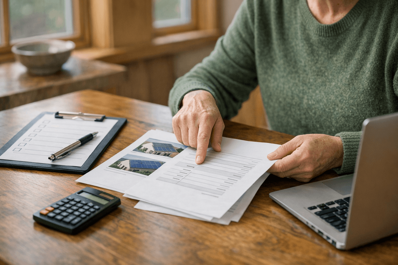 Homeowner reviewing solar quote documents at kitchen table