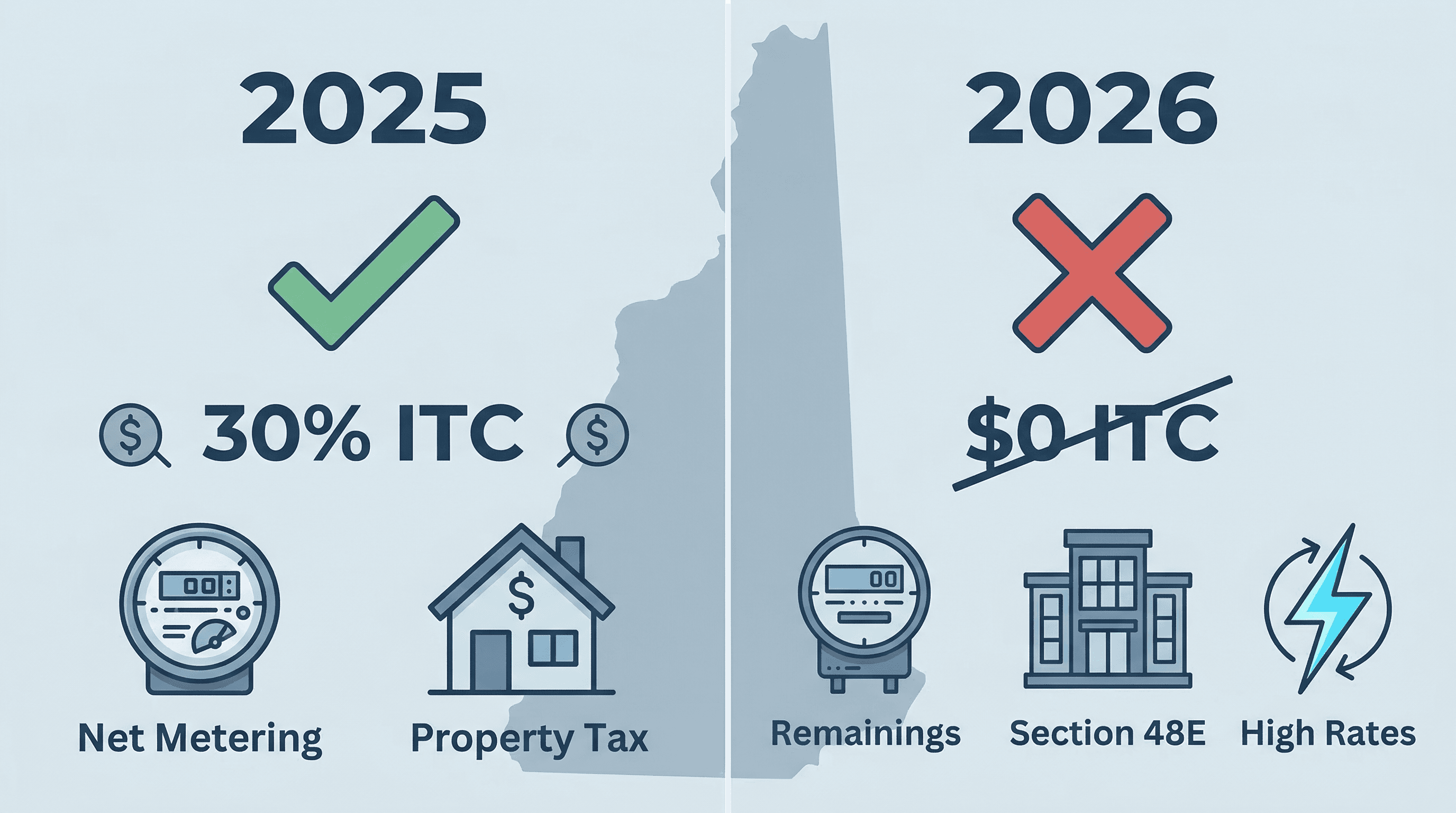 2025 vs 2026 New Hampshire solar incentives comparison — federal ITC expired but NEM 2.0 and property tax remain