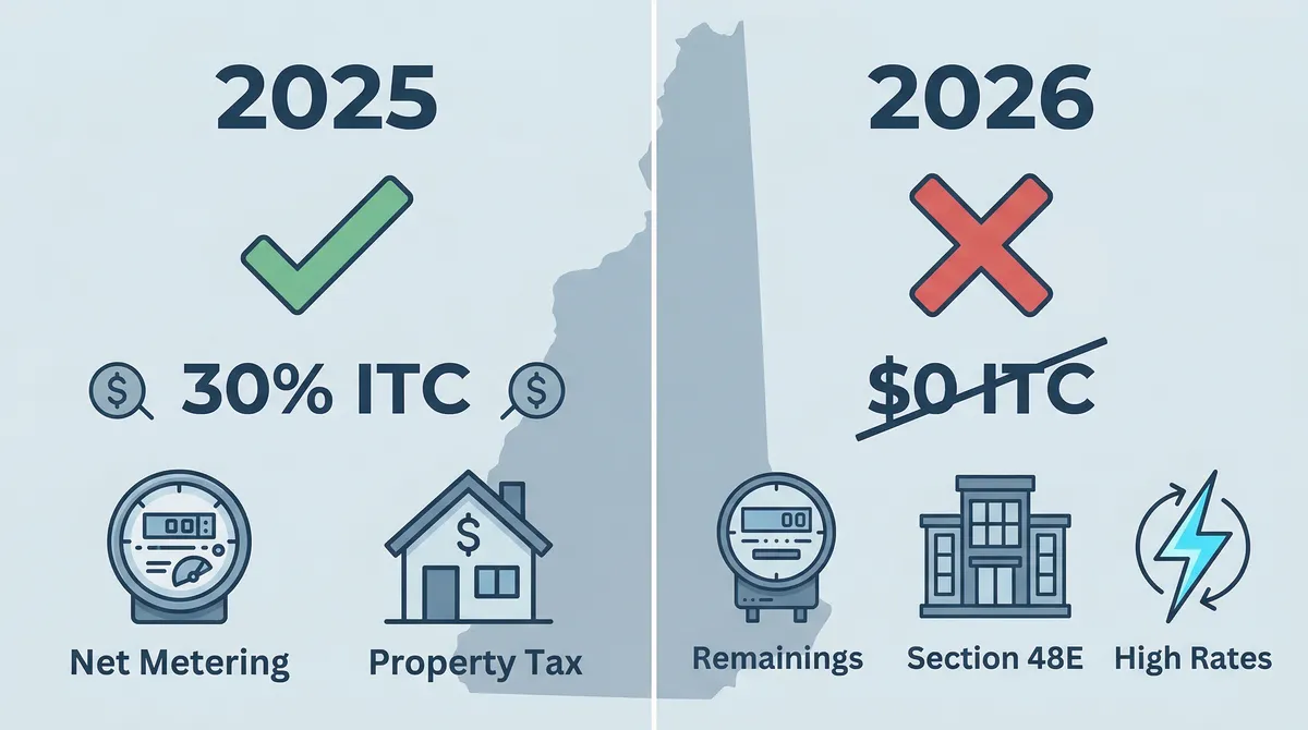 2025 vs 2026 New Hampshire solar incentives comparison — federal ITC expired but NEM 2.0 and property tax remain