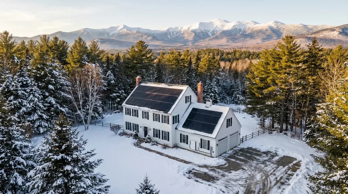 New Hampshire home with solar panels and battery storage surrounded by snow-covered pines with White Mountains in background