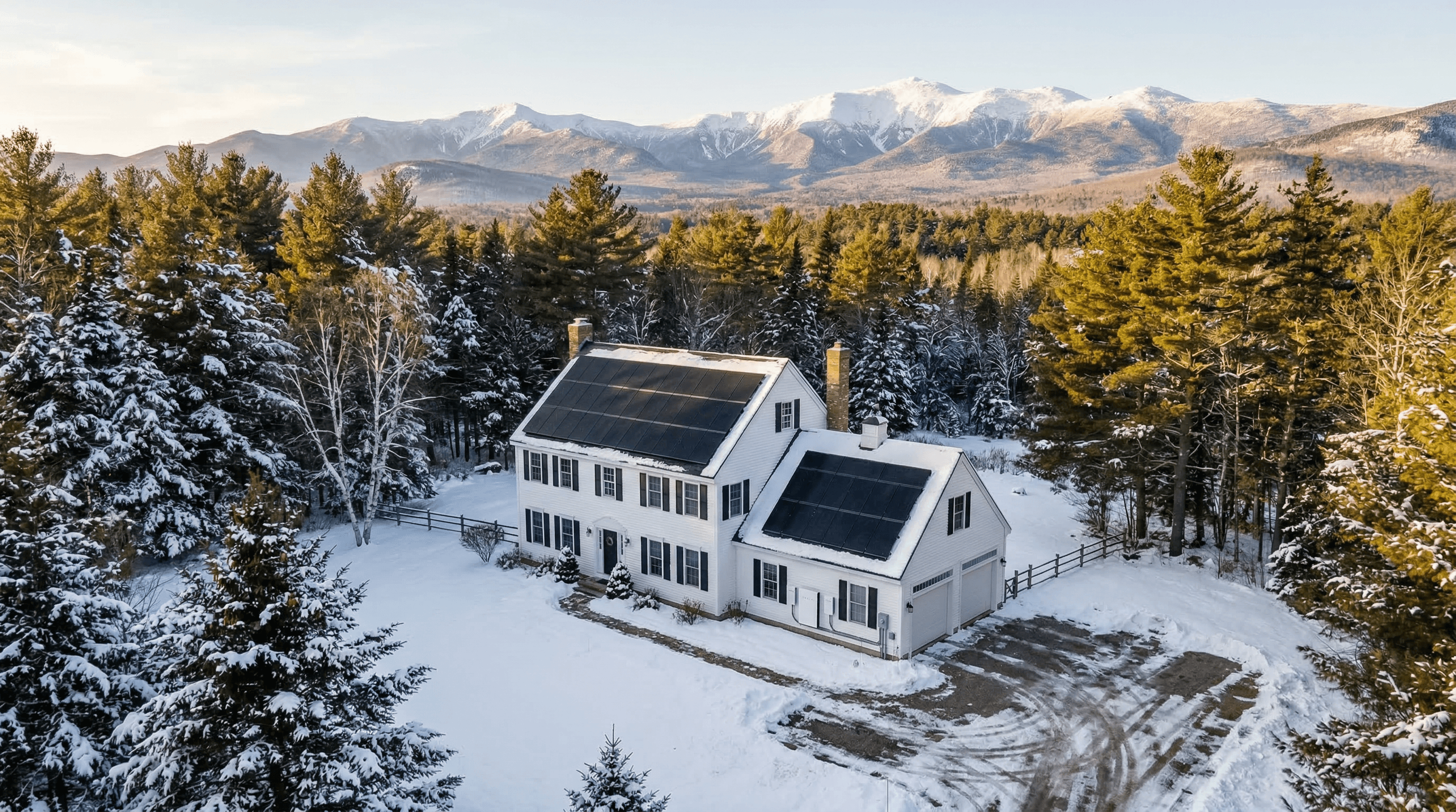 New Hampshire home with solar panels and battery storage surrounded by snow-covered pines with White Mountains in background
