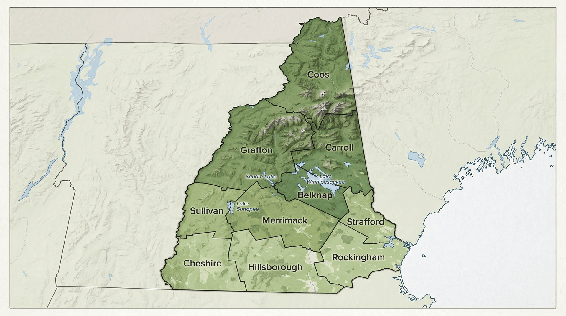 New Hampshire county map showing best areas for ground-mount solar
