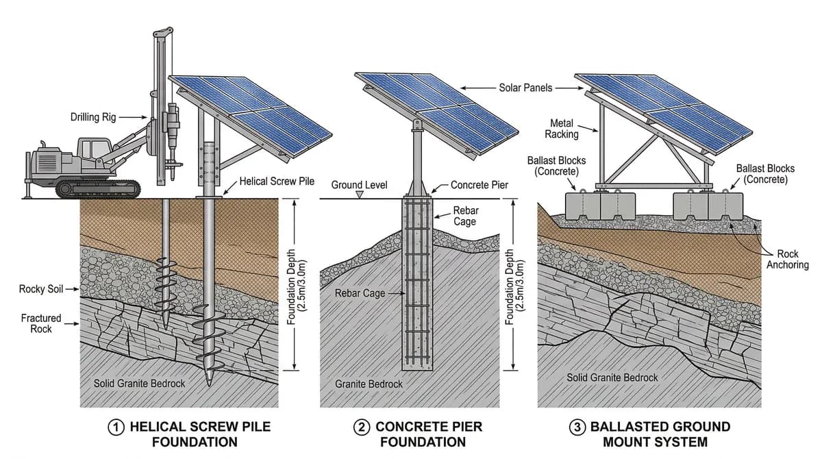 Three ground-mount solar foundation types: helical piles, concrete piers, and ballasted systems on rocky NH terrain
