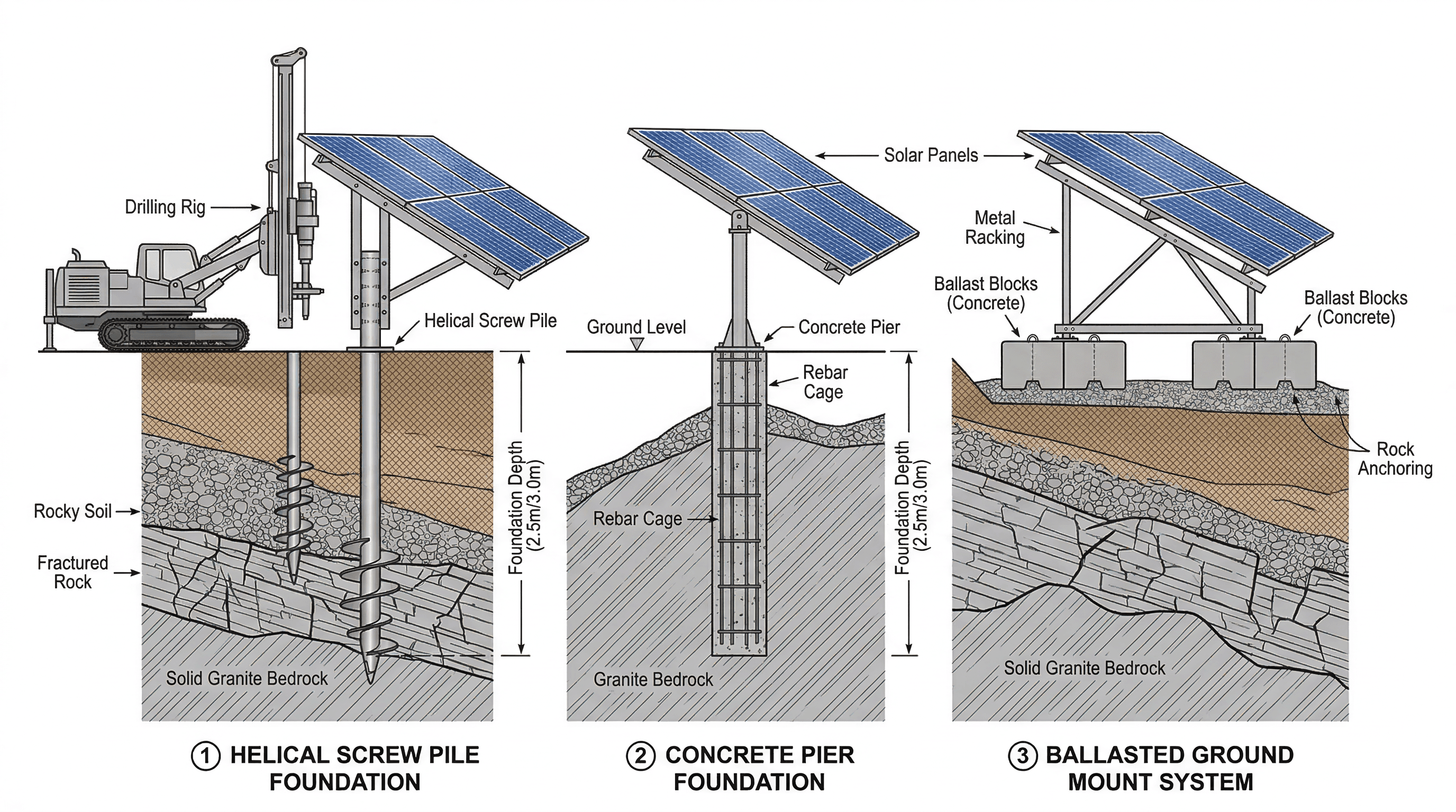 Three ground-mount solar foundation types: helical piles, concrete piers, and ballasted systems on rocky NH terrain