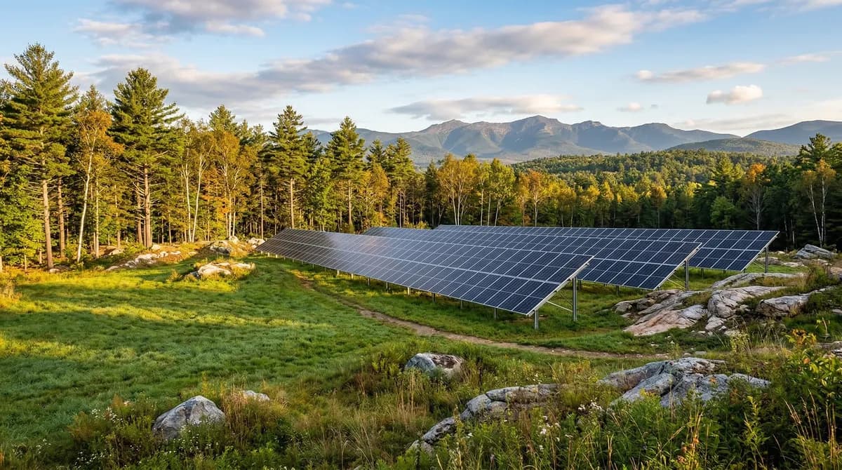 Ground-mounted solar panel array on a rural New Hampshire property with mountain backdrop