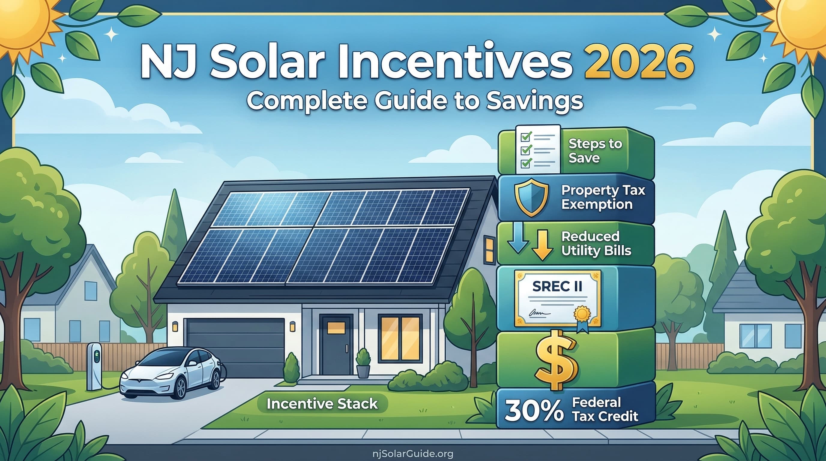 New Jersey solar incentive stack visualization with suburban home and SREC income