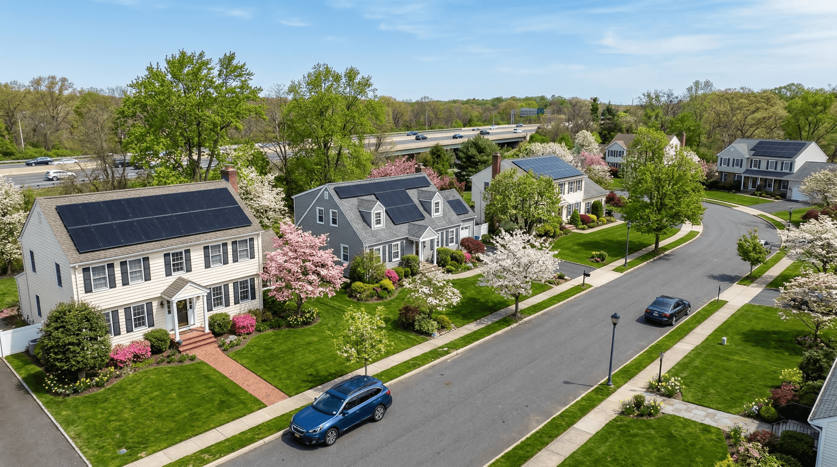 New Jersey suburban homes with solar panels in spring
