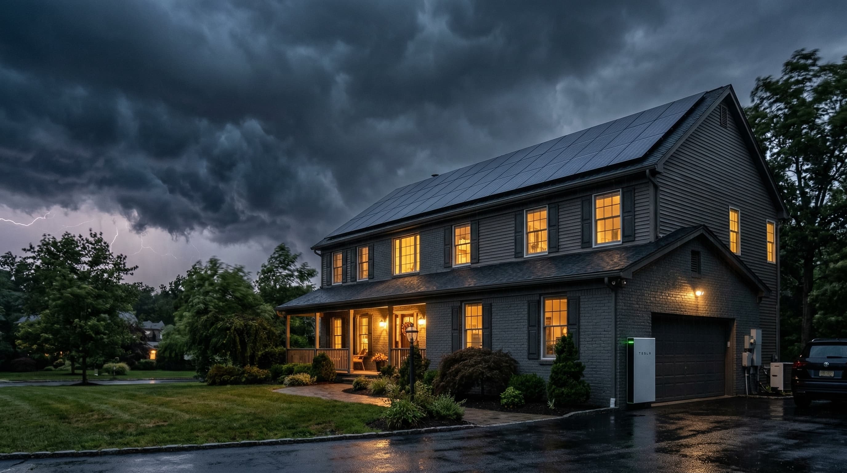 NJ home with solar panels and battery backup during a storm