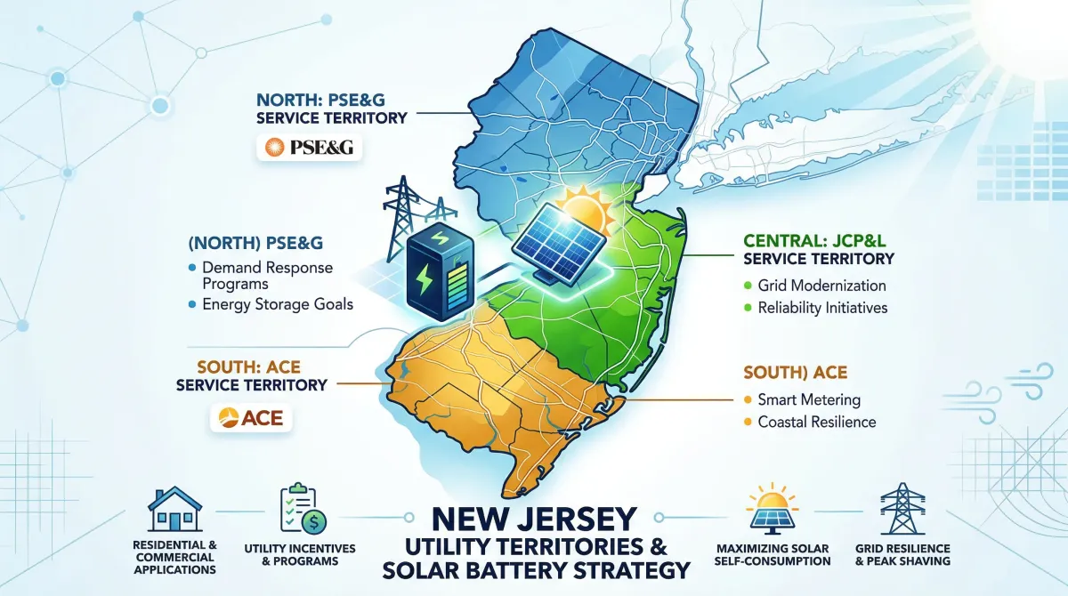 Map of New Jersey utility territories for solar battery TOU strategy — PSE&G, JCP&L, and ACE