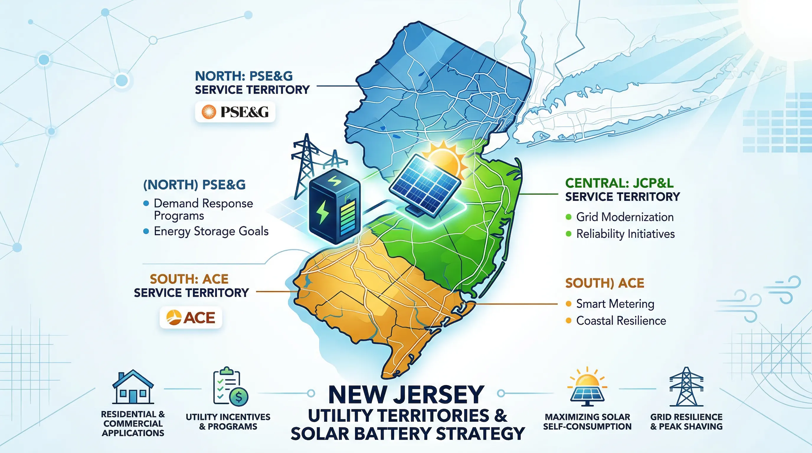 Map of New Jersey utility territories for solar battery TOU strategy — PSE&G, JCP&L, and ACE
