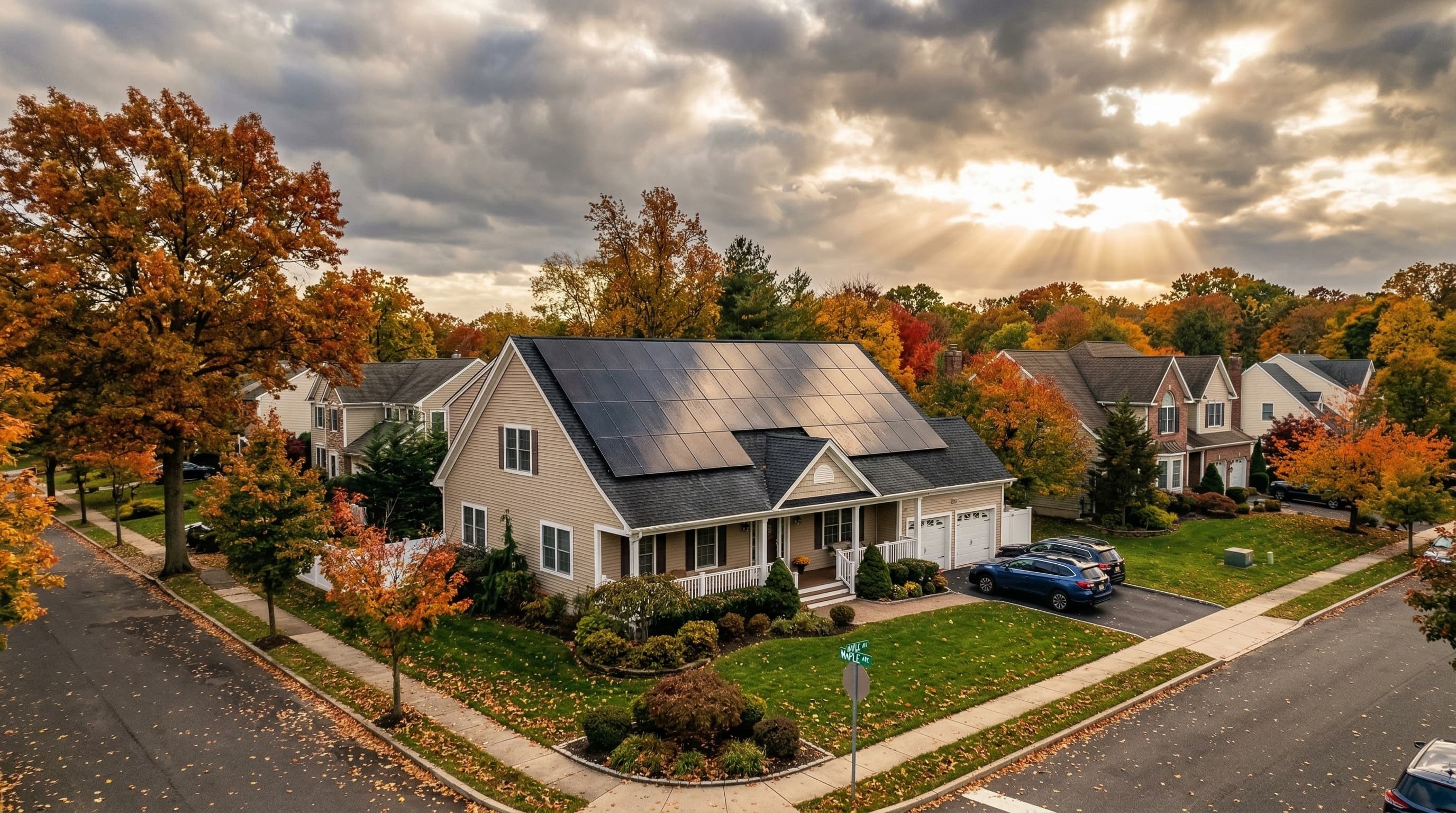 Solar panels on a New Jersey home in variable weather conditions
