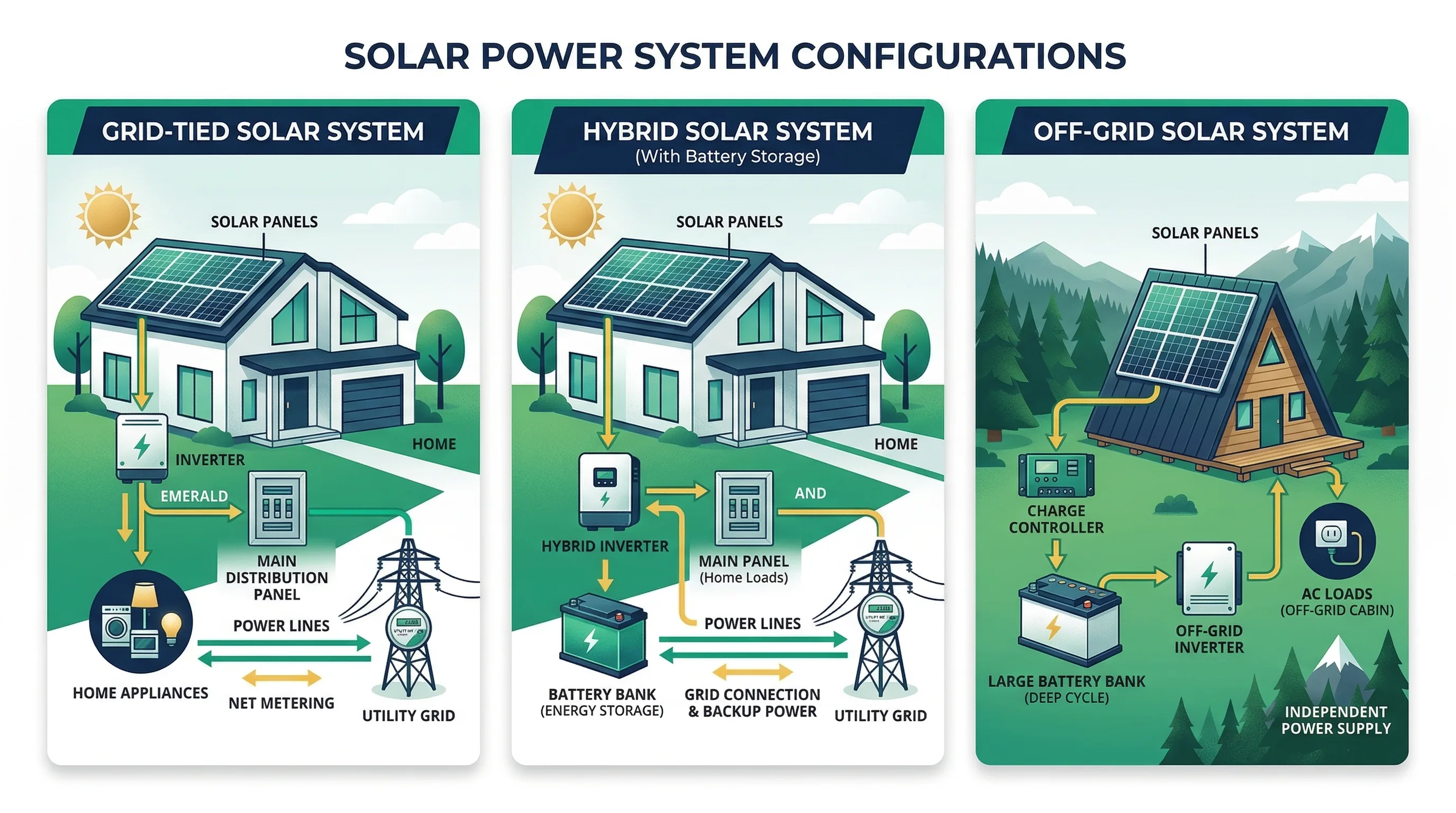 Three solar system types compared: grid-tied, hybrid, and off-grid