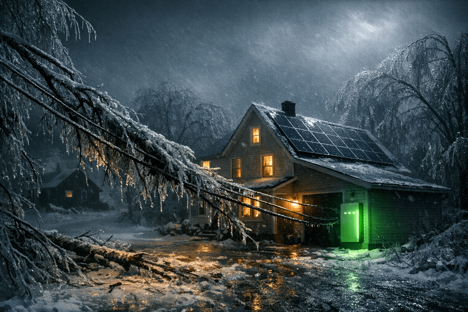 Maine home with solar panels and battery backup during ice storm