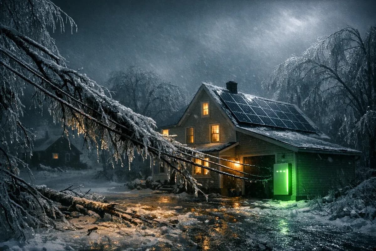 Maine home with solar panels and battery backup during ice storm