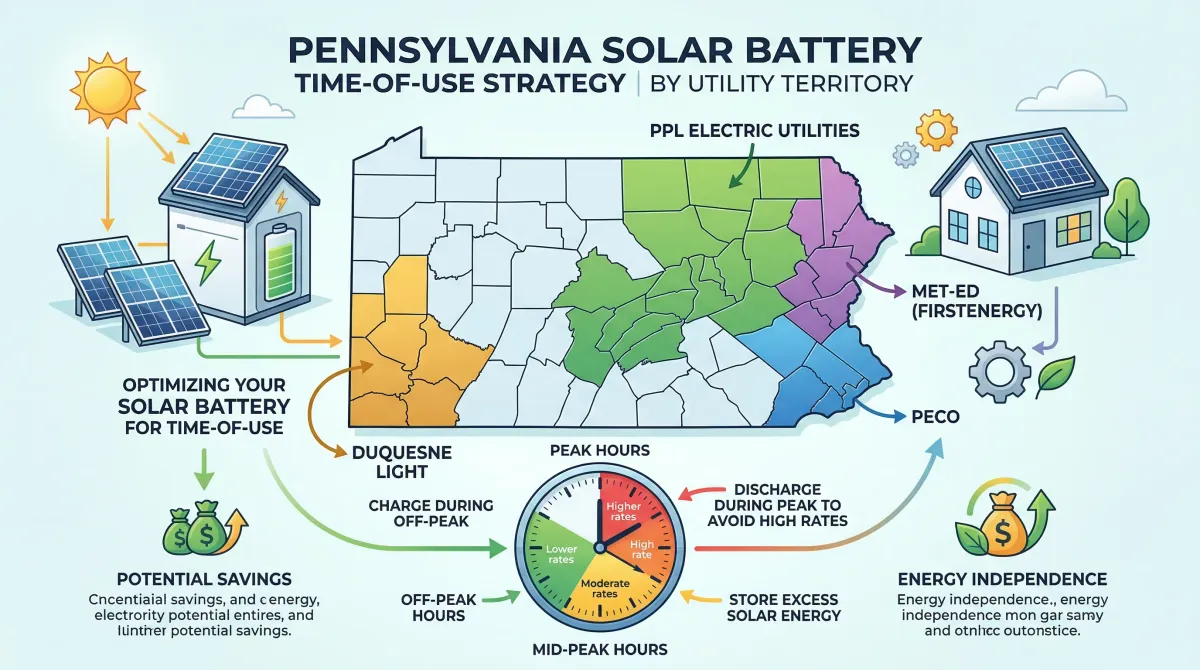 Pennsylvania utility territory map showing solar battery TOU strategy zones for PECO, PPL, Duquesne Light, and Met-Ed