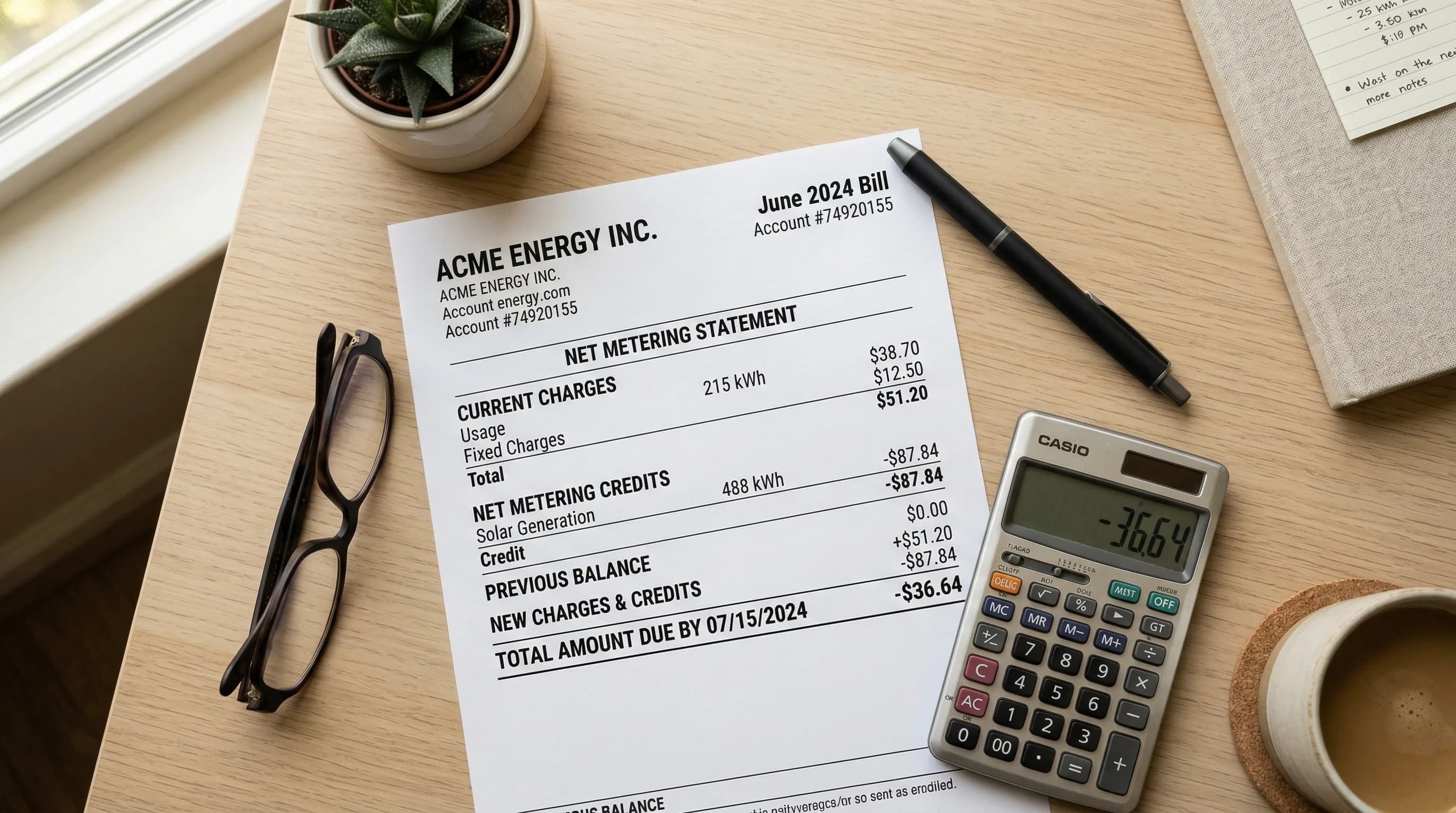 Electric utility bill showing net metering credits on a desk