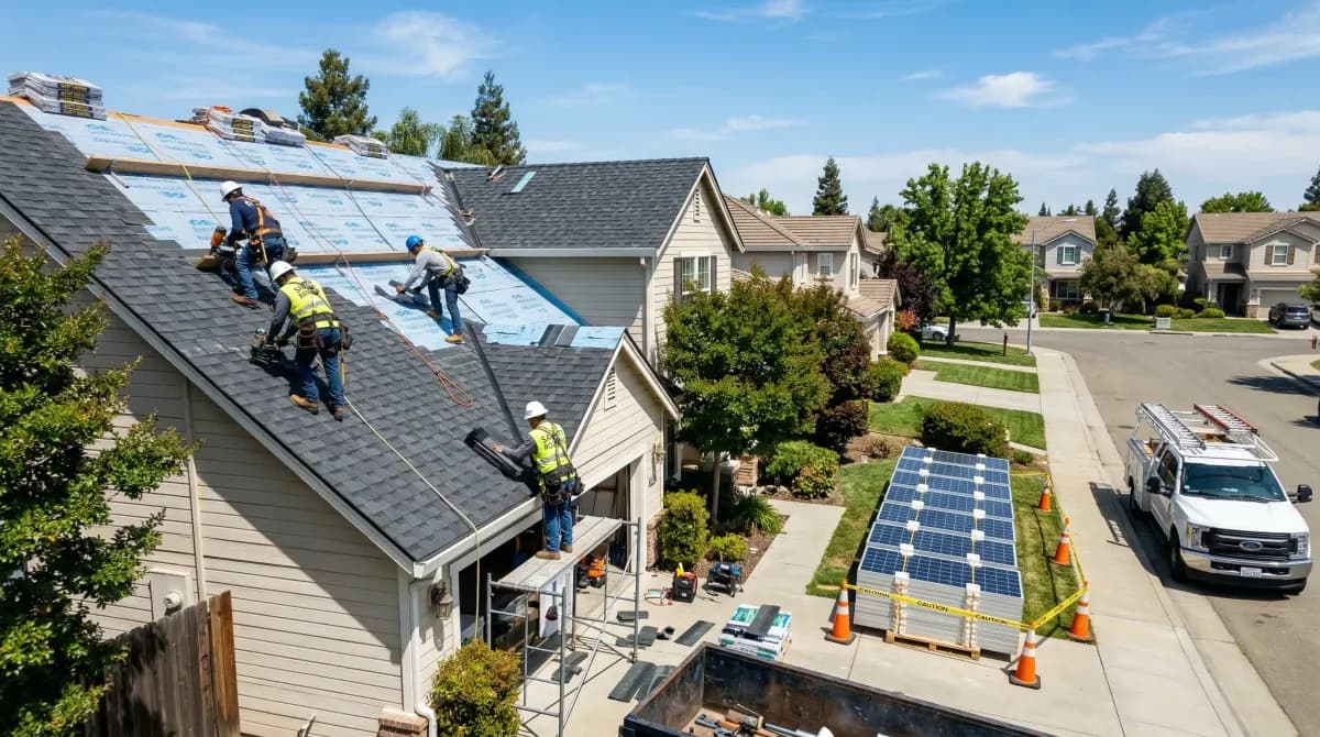 Solar panel removal during roof replacement — aerial view of a residential reroof project