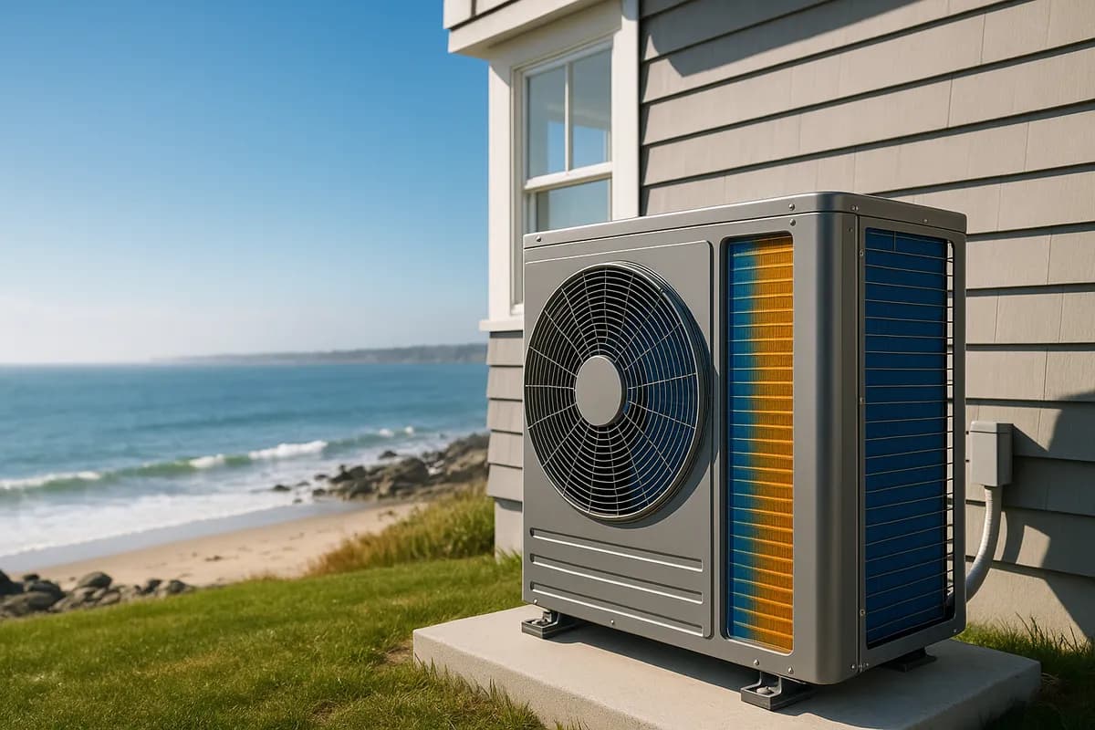 Heat pump with anti-corrosion coating installed at a Rhode Island coastal home with ocean view
