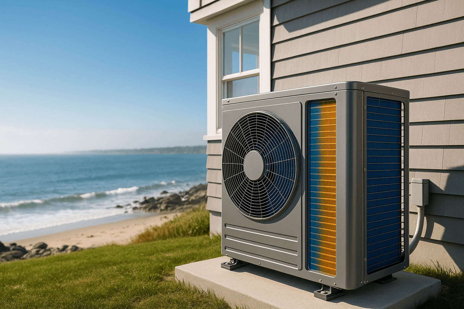 Heat pump with anti-corrosion coating installed at a Rhode Island coastal home with ocean view
