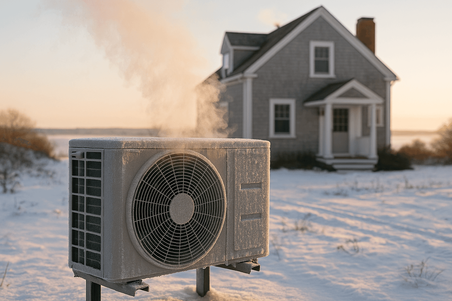 Heat pump outdoor unit with steam rising during defrost cycle in Rhode Island winter