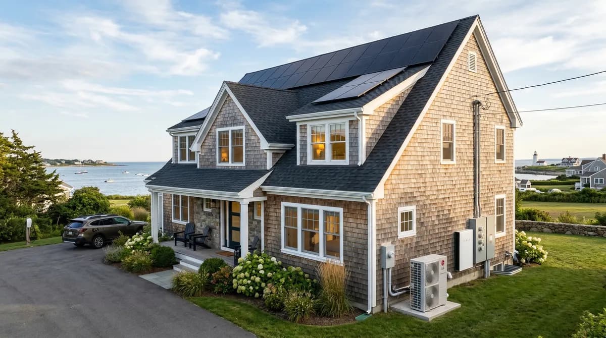 Rhode Island home with solar panels, heat pump, and battery
