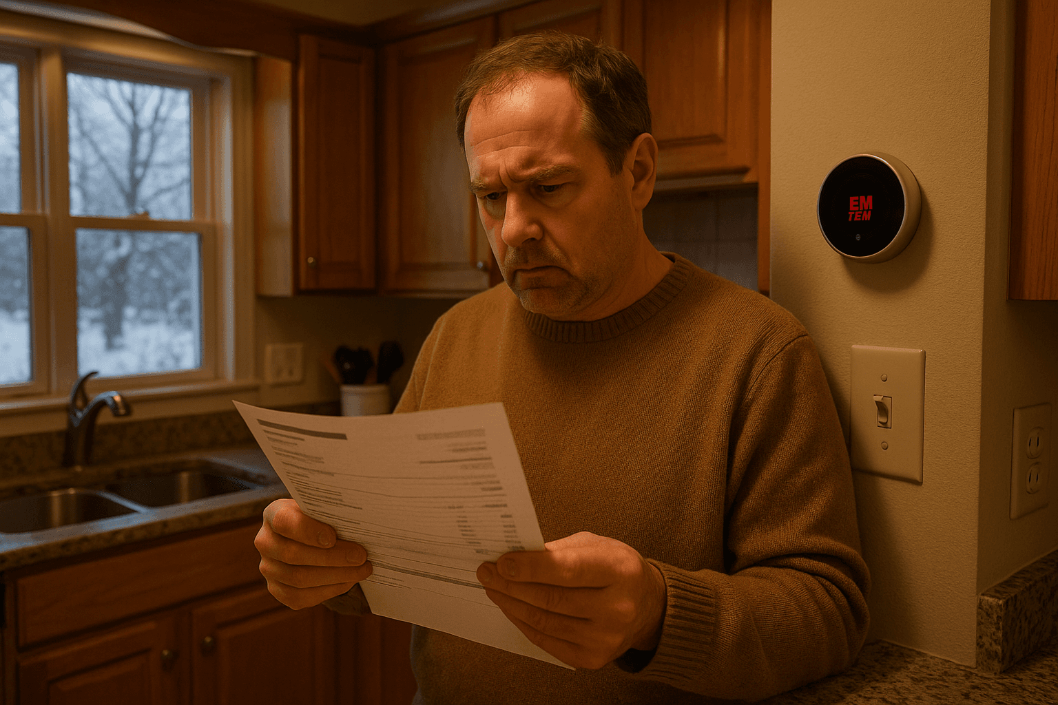Rhode Island homeowner checking high electric bill with heat pump thermostat showing EM HEAT