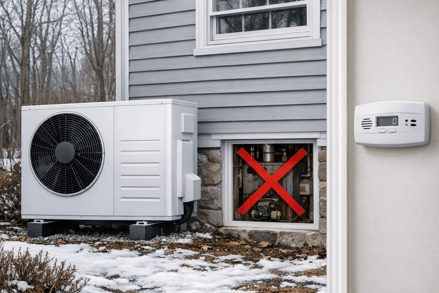 Modern heat pump beside Rhode Island home replacing old oil furnace