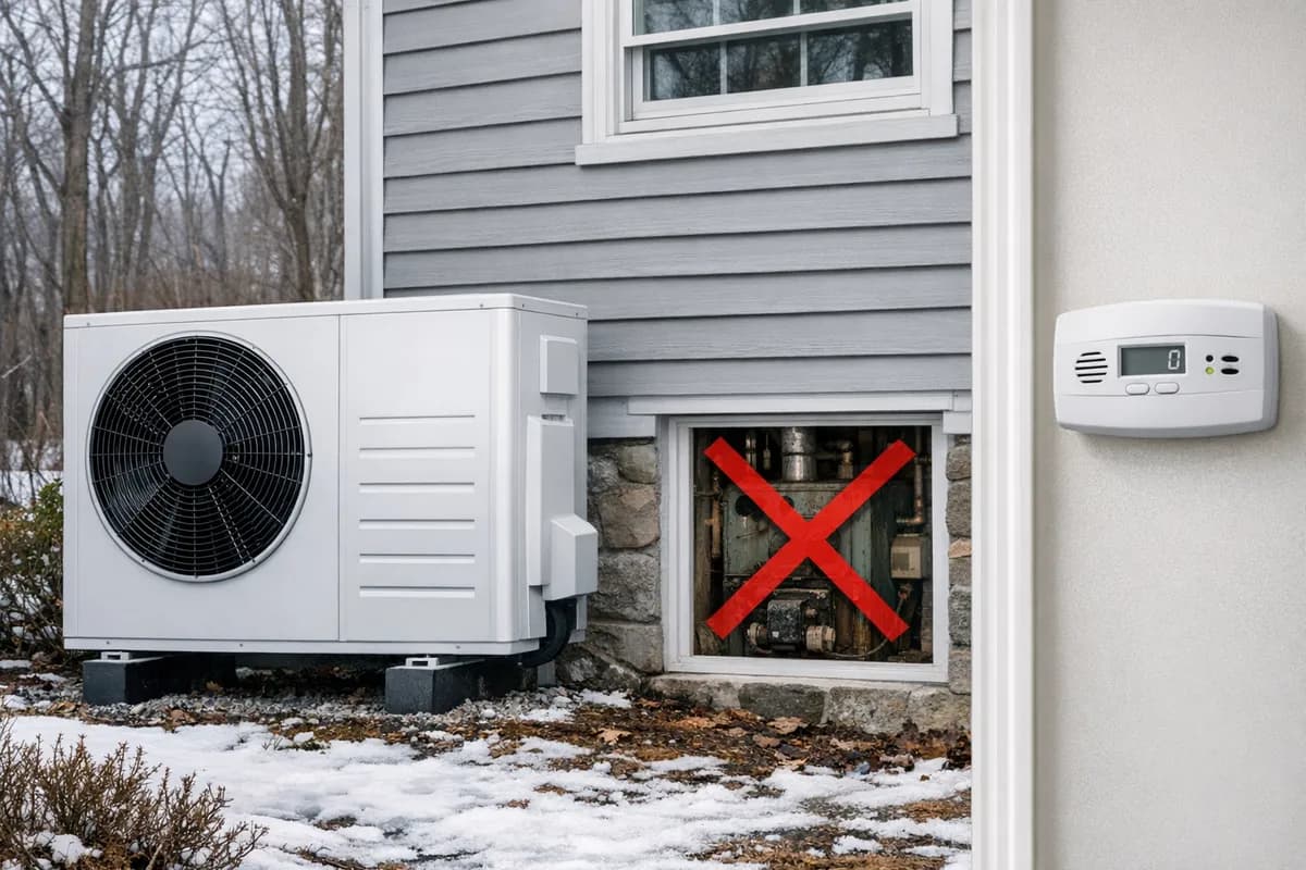Modern heat pump beside Rhode Island home replacing old oil furnace