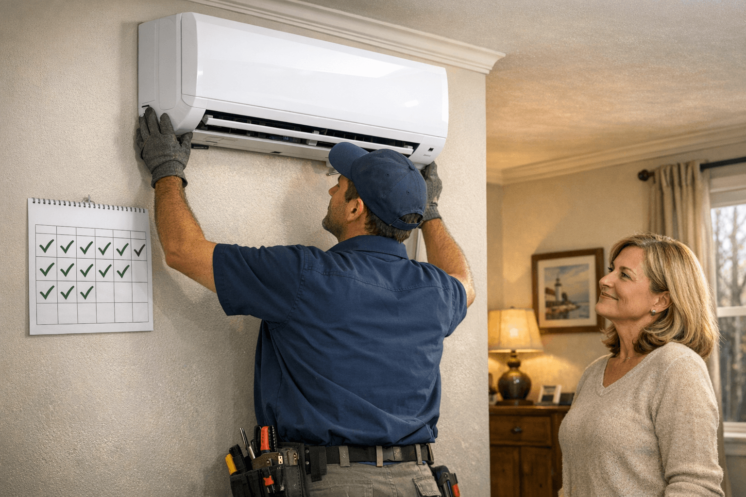 HVAC contractor installing heat pump in Rhode Island home