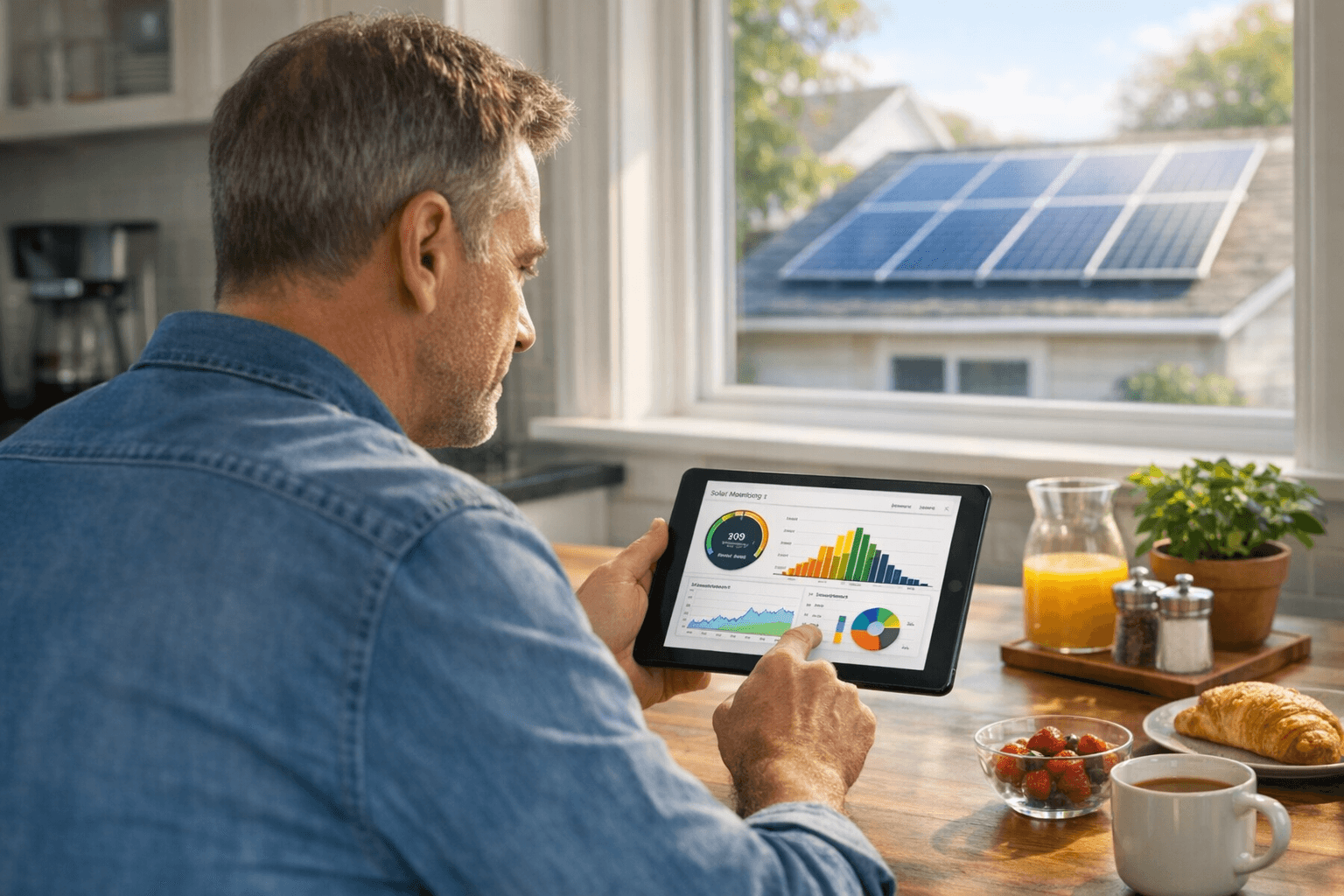 Homeowner checking solar monitoring app on tablet with roof panels visible